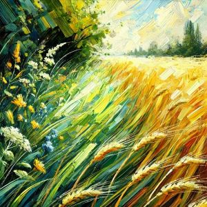 image créée par IA (DALLE) : lisière entre bois et champ de céréales à la manière impressionniste